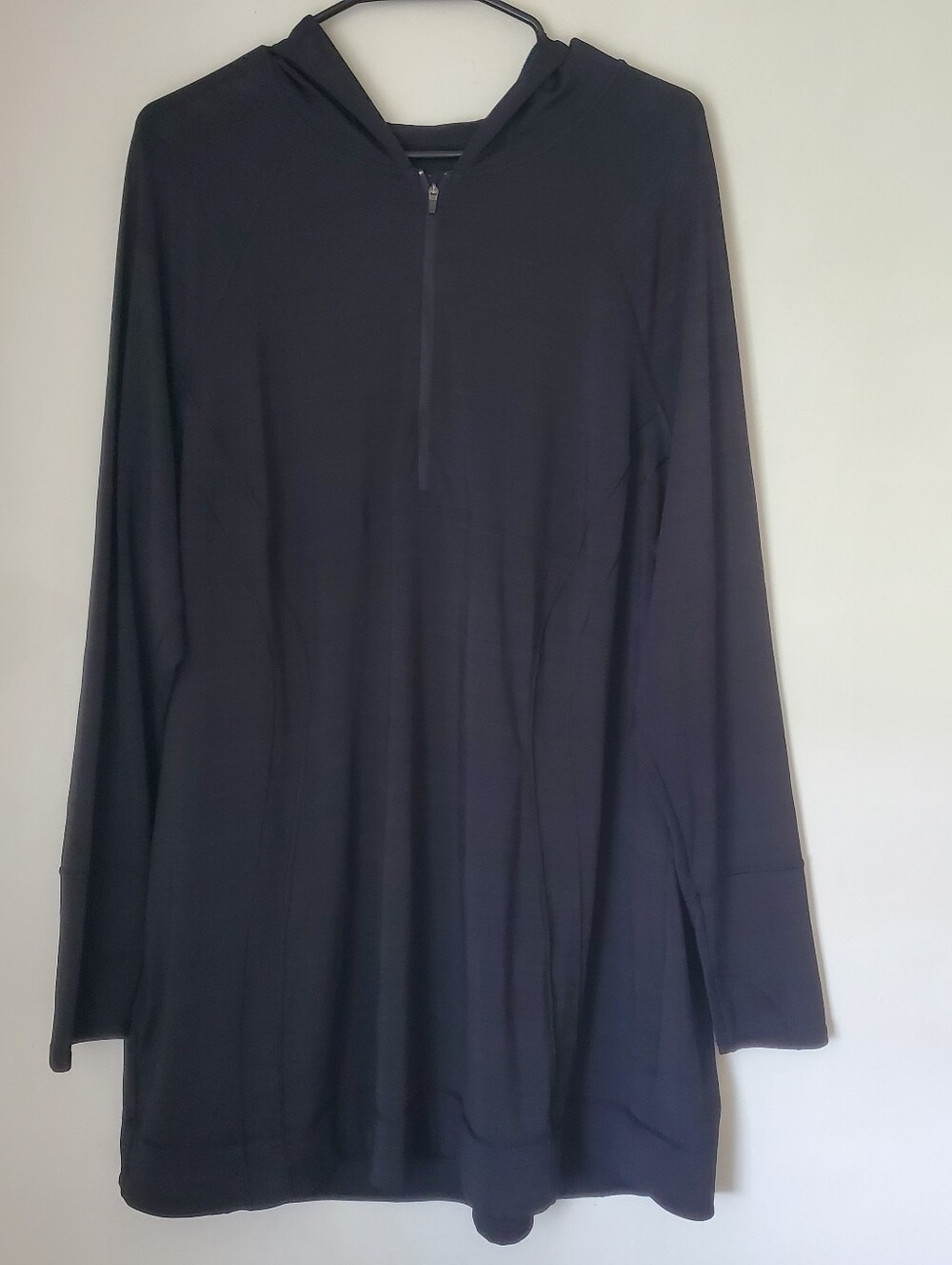 Athleta Swim Cover up Hoodie Tunic Dress Size 2X Half Zip Black ThumbHole Sporty